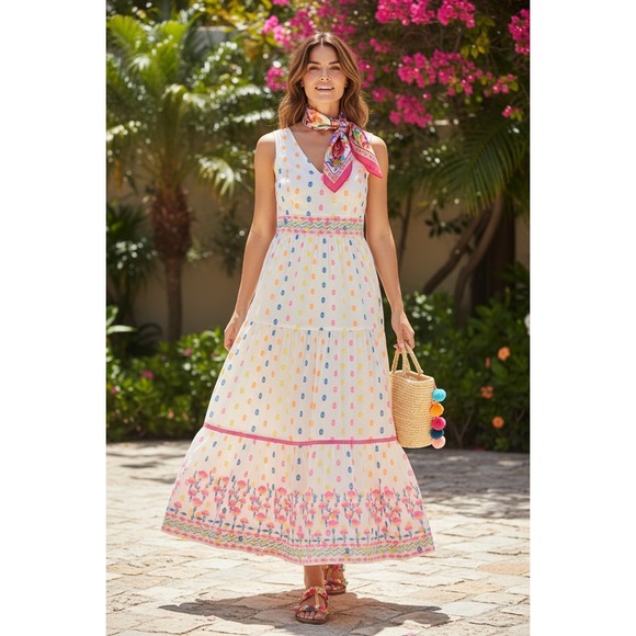 Lilly Pulitzer Dresses & Skirts - Lilly Pulitzer Maxi Dress Womens White Multi Color Polka Dot Embroidered Size 0